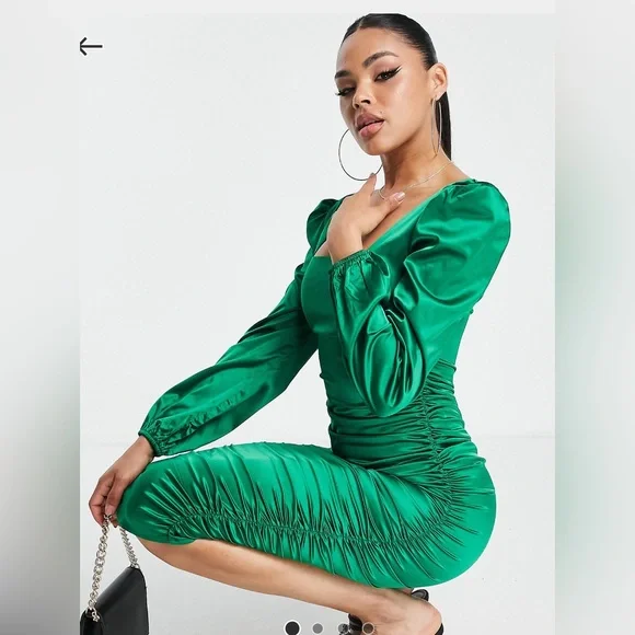 ASOS | Dresses | Emerald Satin Green Midi Fitted Dressbrand New With Tags |  Poshmark